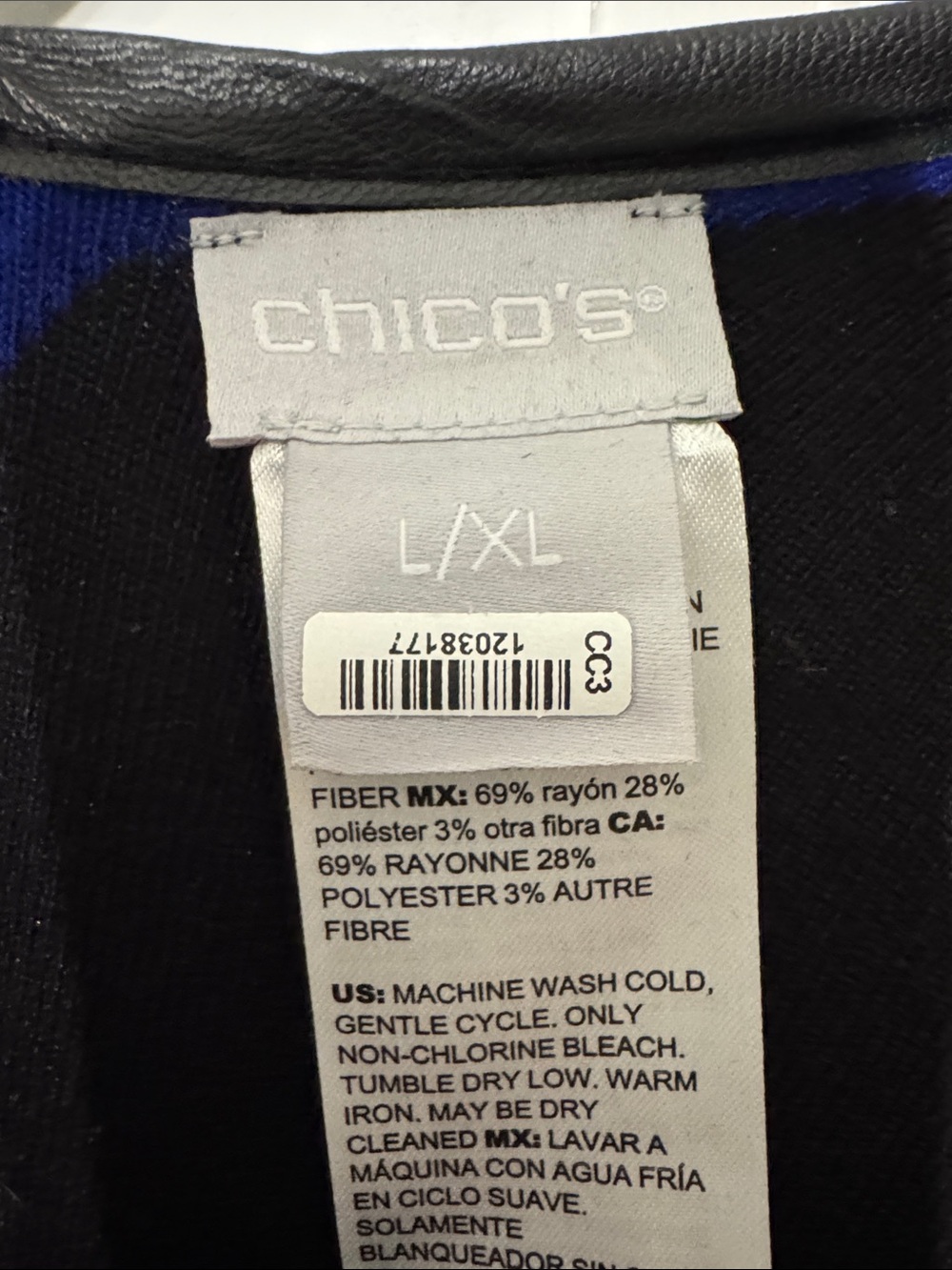 Chico's Bold Blue and Black Draped Poncho with White and Gray Accents - Picture 3 of 5